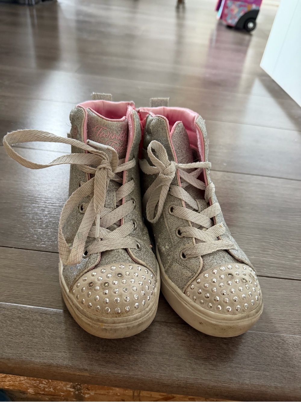 Skechers Twinkle Toes Glitter High-Top Sneakers in Silver with Pink Lining